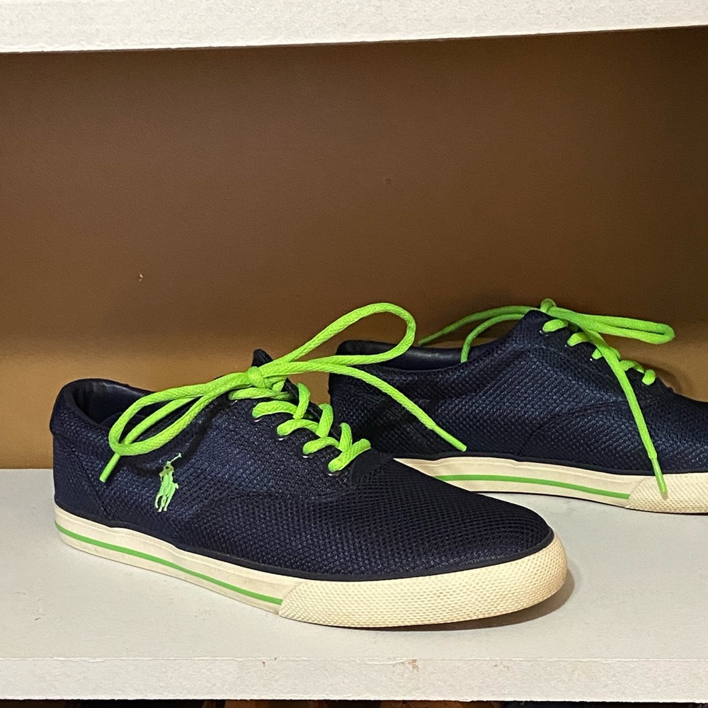 Navy Blue and Bright Green Polo Ralph Lace Up Casual Shoes Size 10.5 - Picture 2 of 10